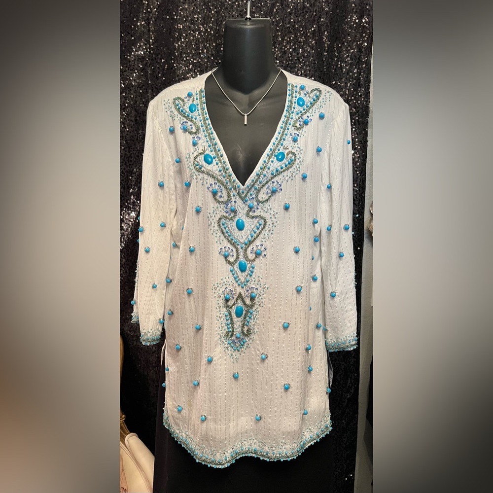 Boston Proper White & Turquoise Beaded Tunic